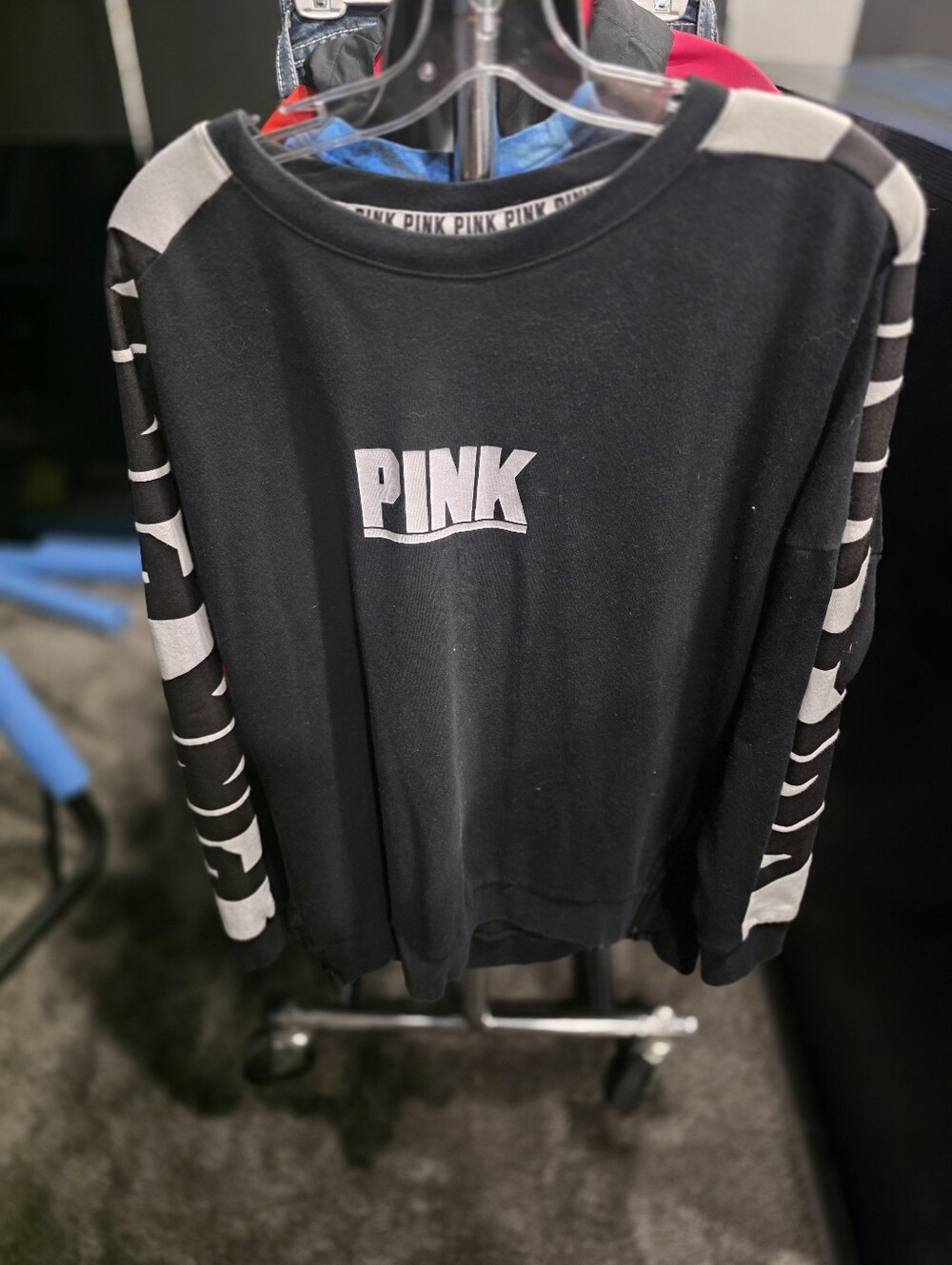 PINK Victoria's Secret Black Logo Sweatshirt with White Sleeve Graphics